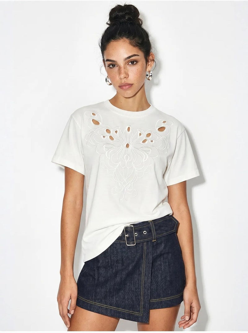 T-shirt en coton brodé à col rond lucci Blanc - Kiabi