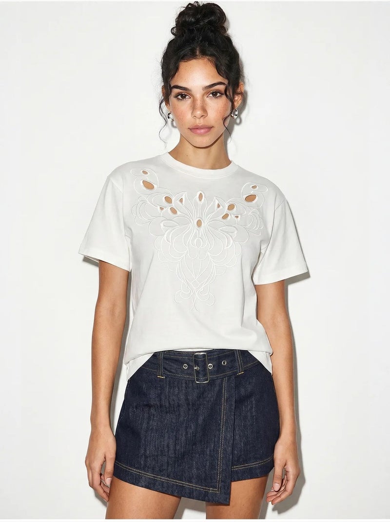 T-shirt en coton brodé à col rond lucci Blanc - Kiabi