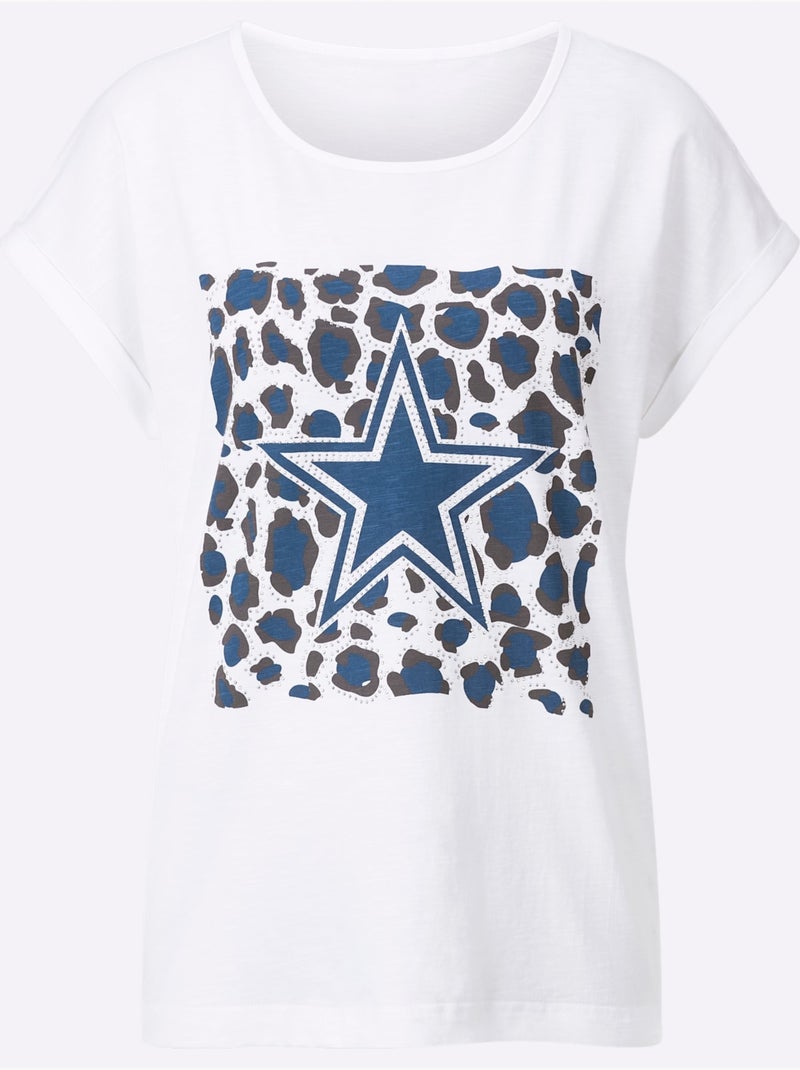 T shirt en coton col rond et manches courtes motif étoile - Taille standard - Witt Bleu Blanc - Kiabi