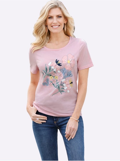 T-shirt en coton col rond manches courtes avec imprimé floral - Taille standard - Moda Vilona - Kiabi T-shirt en coton col rond manches courtes avec imprimé floral - Taille standard - Moda Vilona - Kiabi