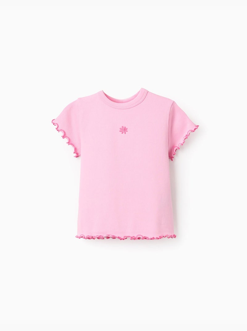 T-shirt en coton côtelé à extrémités ondulées Rose - Kiabi