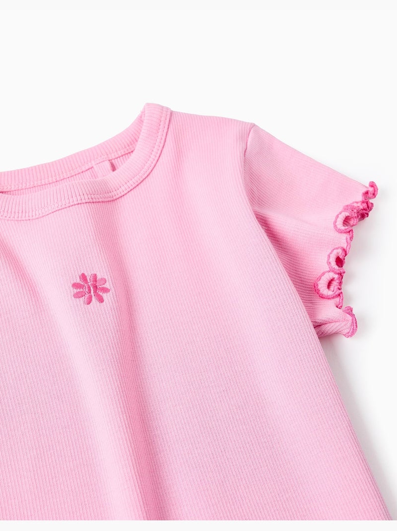 T-shirt en coton côtelé à extrémités ondulées Rose - Kiabi