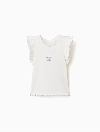 T-shirt en coton côtelé avec volants et fleurs
