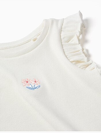 T-shirt en coton côtelé avec volants et fleurs