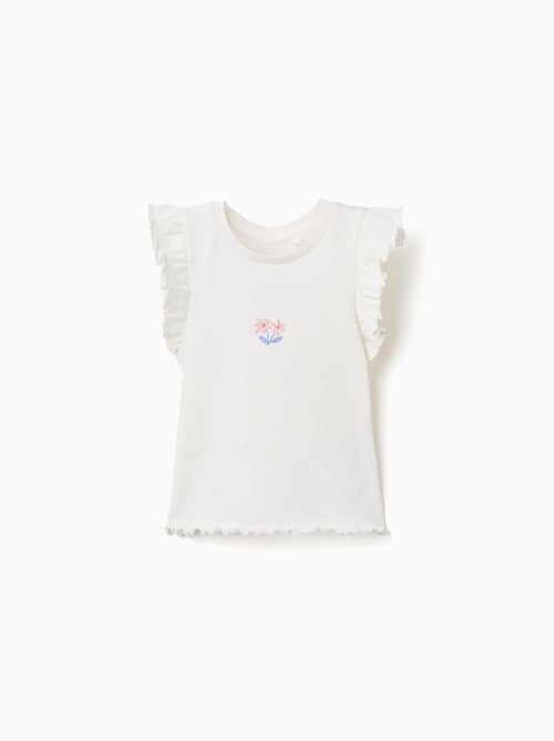 T-shirt en coton côtelé avec volants et fleurs - Kiabi