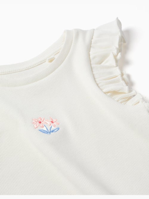 T-shirt en coton côtelé avec volants et fleurs - Kiabi