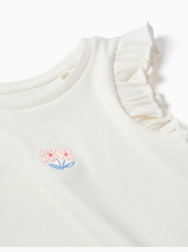 T-shirt en coton côtelé avec volants et fleurs Blanc - Kiabi