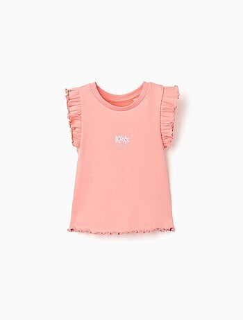 T-shirt en coton côtelé avec volants et fleurs