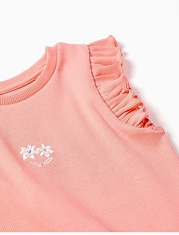 T-shirt en coton côtelé avec volants et fleurs