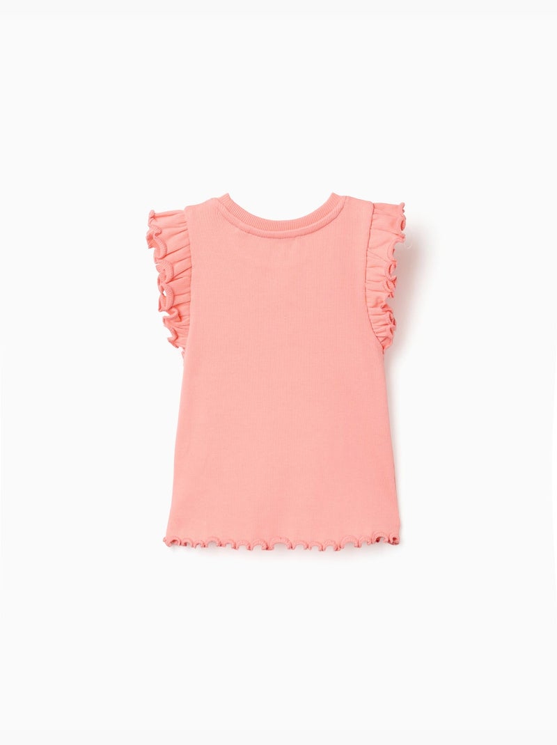 T-shirt en coton côtelé avec volants et fleurs Orange corail - Kiabi