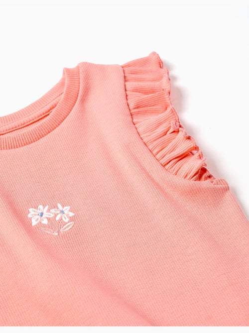 T-shirt en coton côtelé avec volants et fleurs - Kiabi