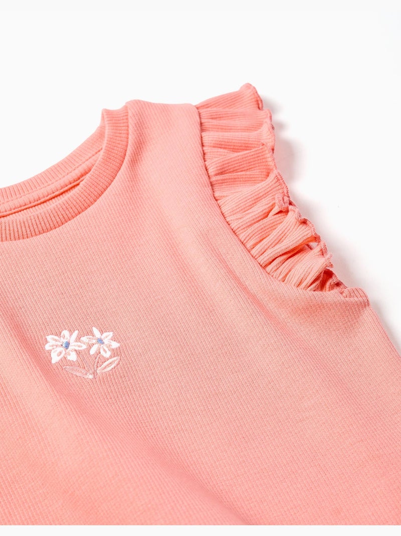 T-shirt en coton côtelé avec volants et fleurs Orange corail - Kiabi
