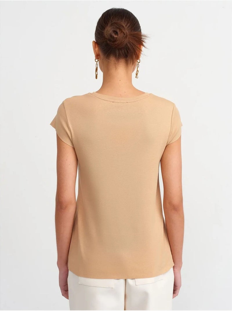 T-shirt En Coton Coupe Slim À Col Rond Beige - Kiabi