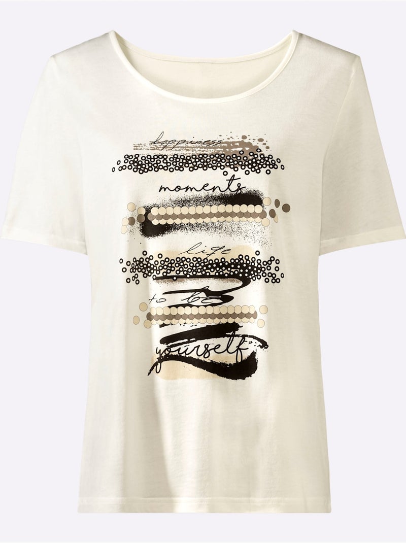 T shirt en coton et manches courtes avec imprimé abstrait - Taille standard - Witt Noir Ecru Noir - Kiabi
