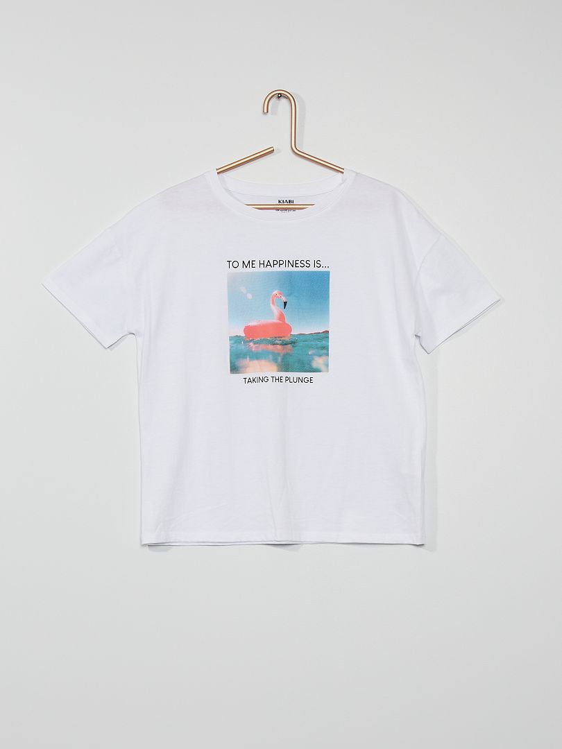 T-shirt en coton 'Flamant Rose' blanc - Kiabi