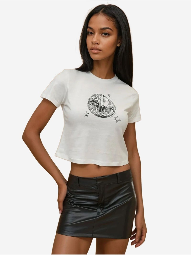 T-shirt en coton imprimé à col ras du cou et coupe classique Crème - Kiabi