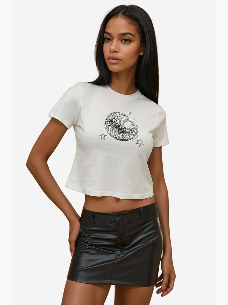 T-shirt en coton imprimé à col ras du cou et coupe classique hiccup Crème - Kiabi