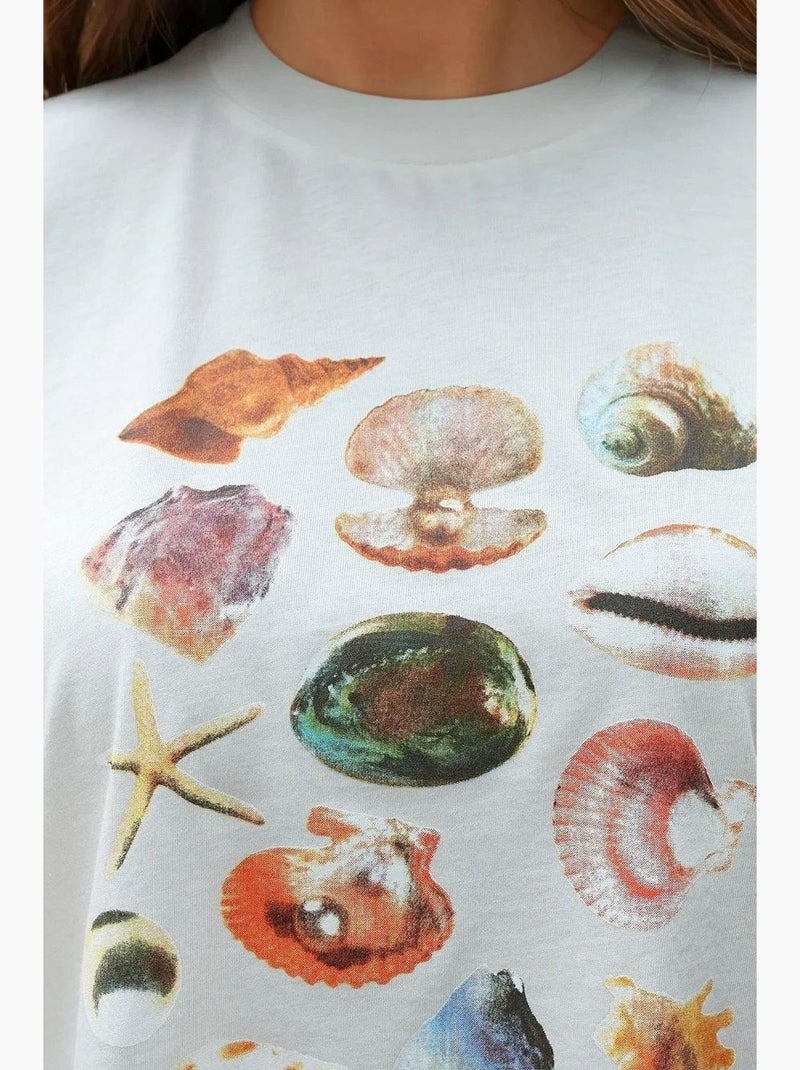 T-shirt en coton imprimé à col ras du cou et coupe classique hiccup Crème - Kiabi