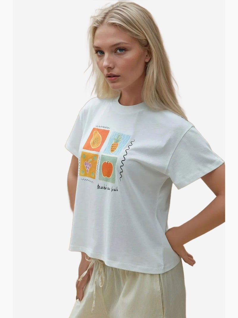 T-shirt en coton imprimé à col ras du cou et coupe classique hiccup Ivoire - Kiabi