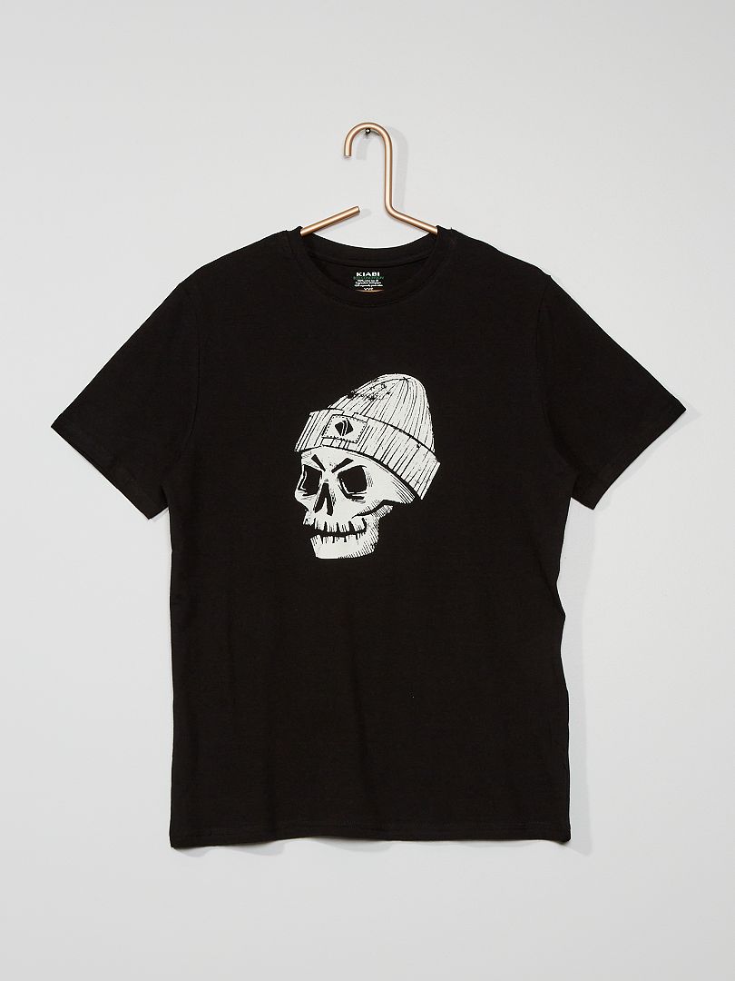 T-shirt en coton imprimé 'crâne' noir - Kiabi