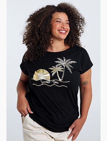 T-shirt en coton imprimé foil palmiers et sequins