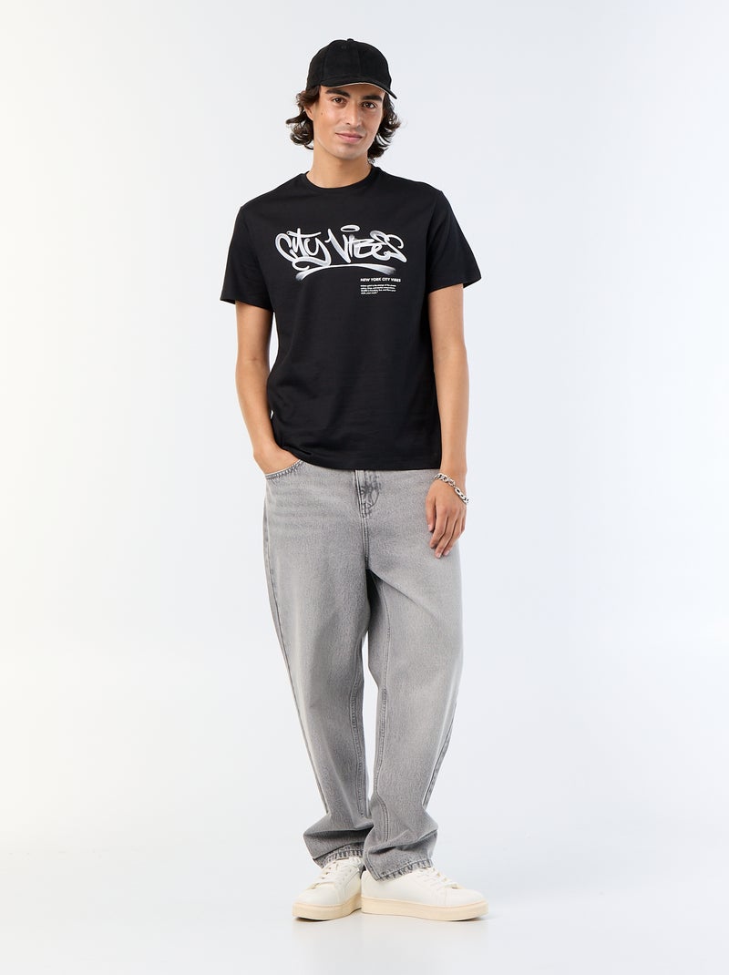 T-shirt en coton imprimé pour homme à col rond Noir - Kiabi