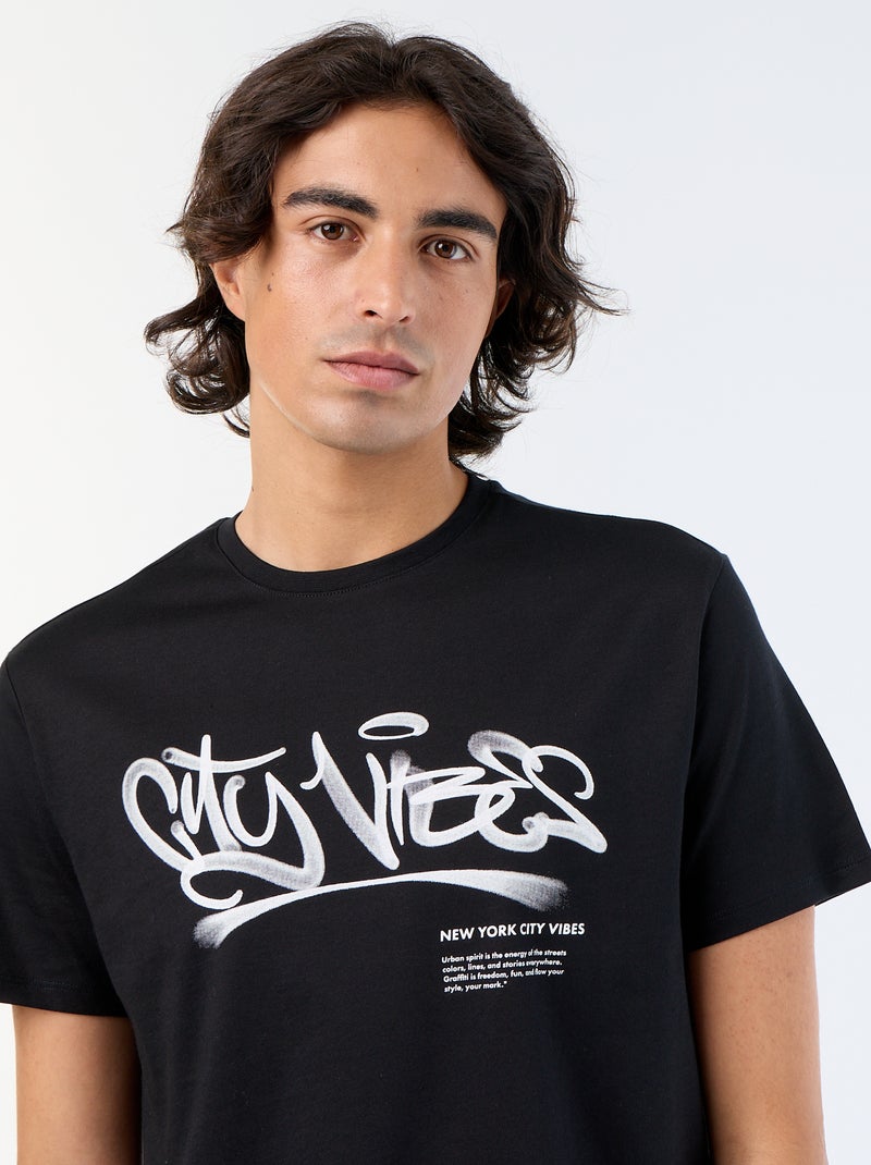 T-shirt en coton imprimé pour homme à col rond Noir - Kiabi
