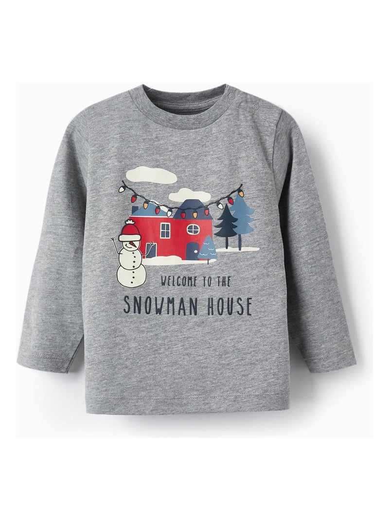 T-shirt en coton pour bébé garçon 'Snowman House' manches longues  NOËL Gris - Kiabi