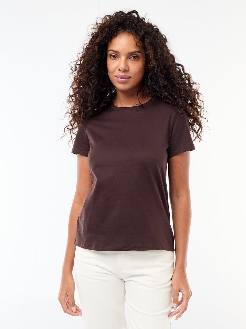 T-shirt en coton pour femme à col rond et manches courtes Marron - Kiabi