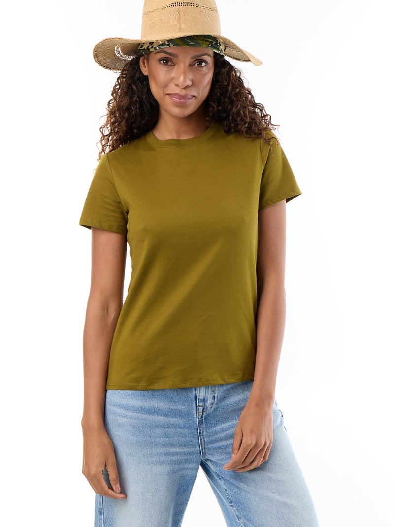 T-shirt en coton pour femme à col rond et manches courtes Vert - Kiabi