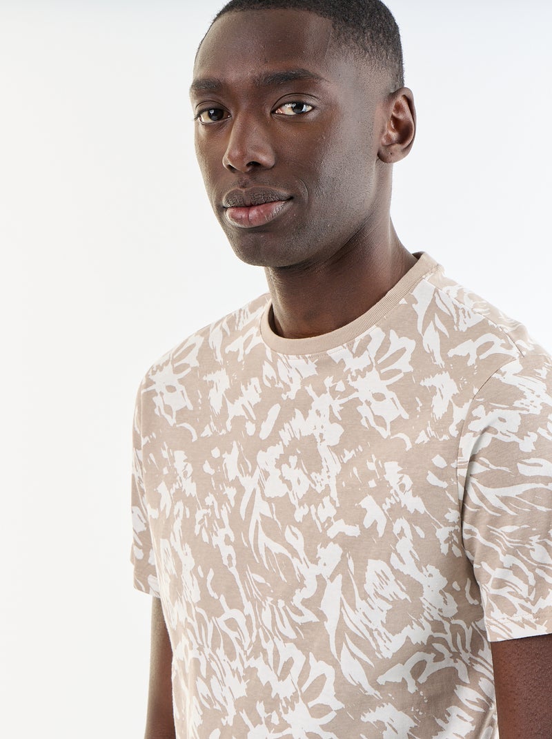 T-shirt en coton pour homme à col rond avec motif Beige - Kiabi