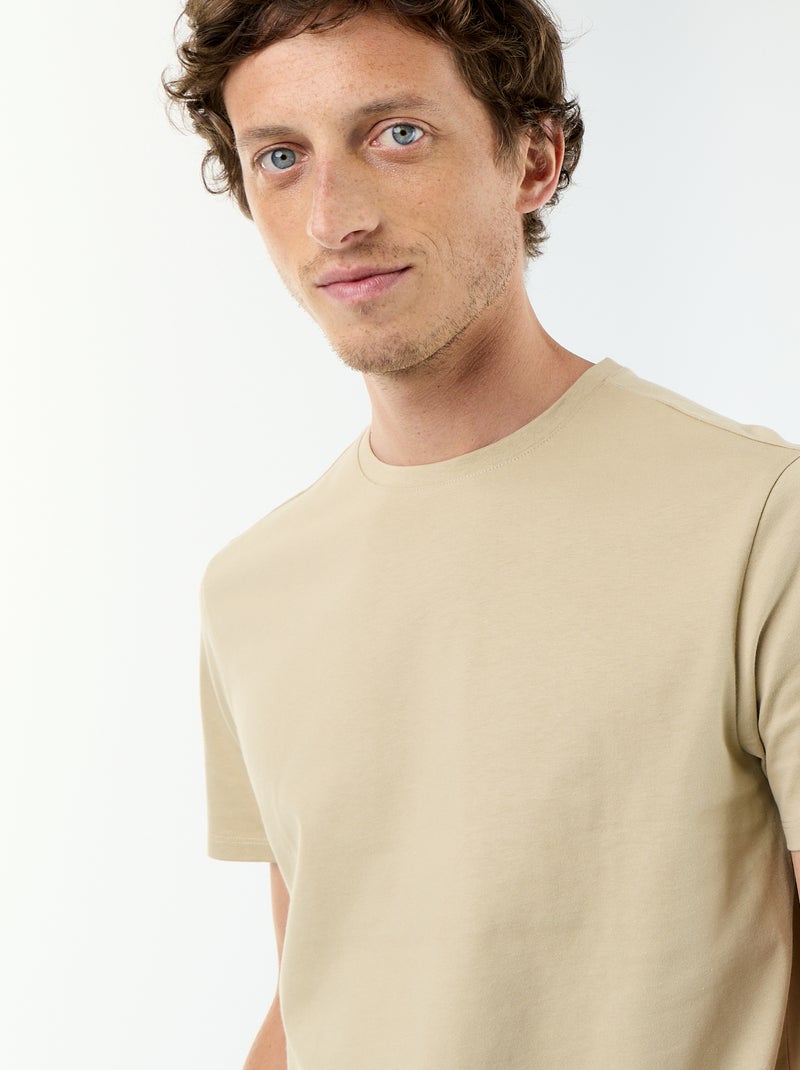 T-shirt en coton uni à col rond pour homme Beige - Kiabi