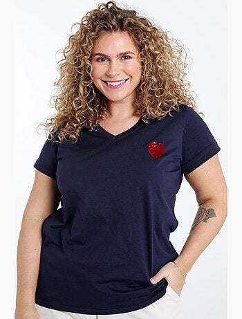 T-shirt en coton uni avec coeur en sequins