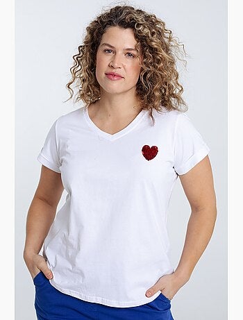 T-shirt en coton uni avec coeur en sequins PAPRIKA