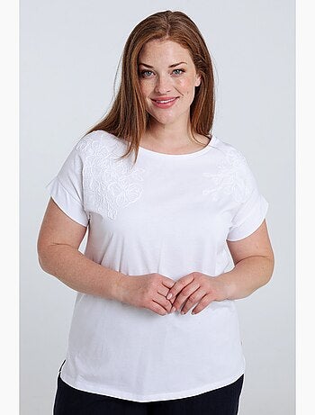 T-shirt en coton uni avec fleurs brodées PAPRIKA