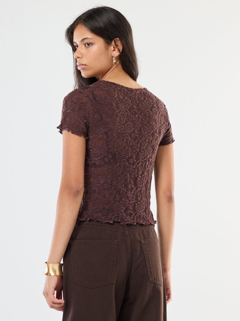 T-shirt en dentelle à manches courtes Marron - Kiabi
