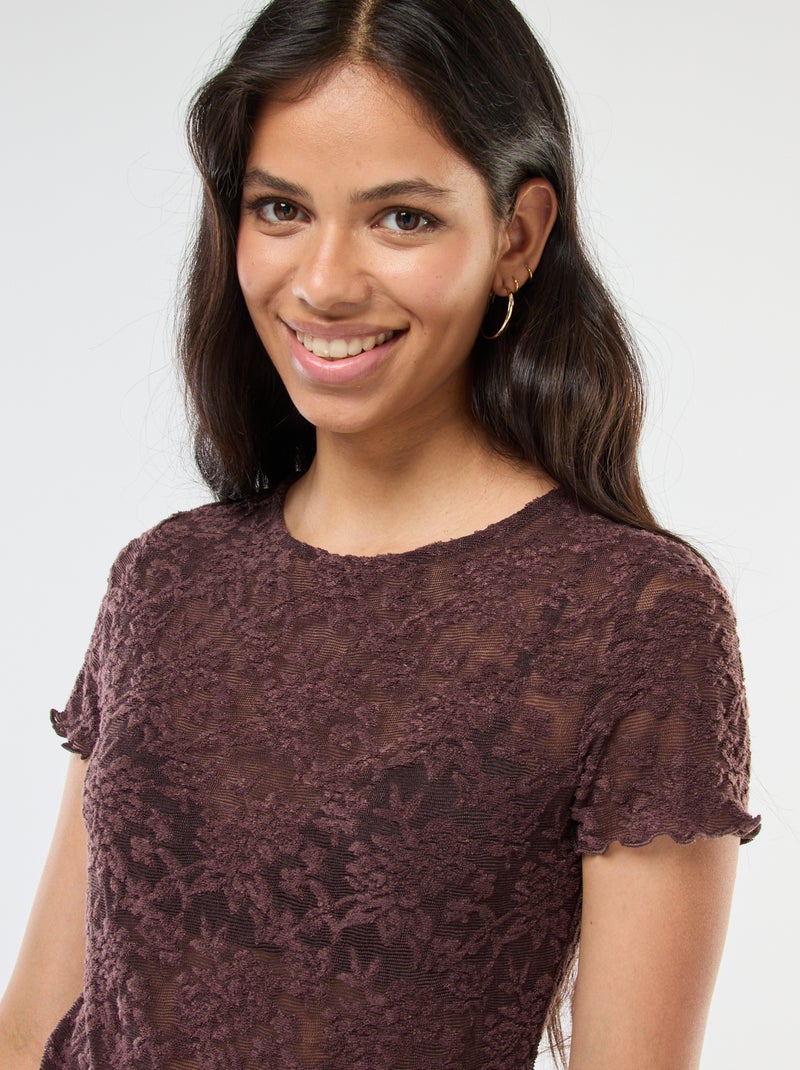 T-shirt en dentelle à manches courtes Marron - Kiabi