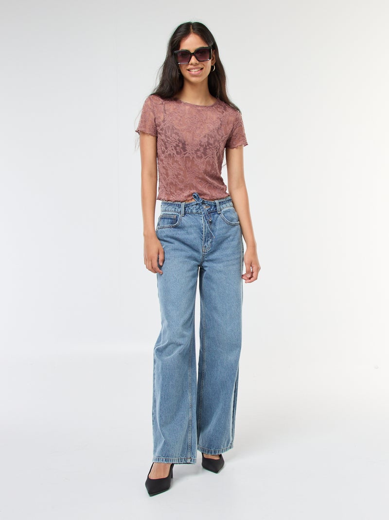 T-shirt en dentelle à manches courtes Marron - Kiabi