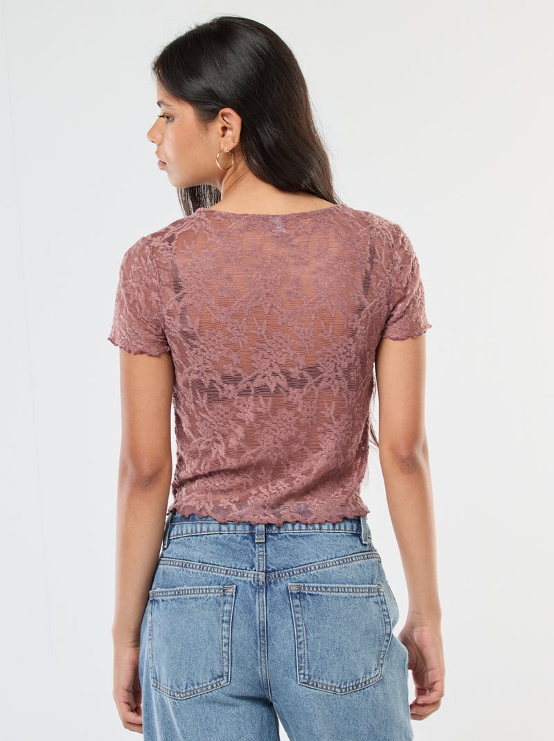 T-shirt en dentelle à manches courtes Marron - Kiabi