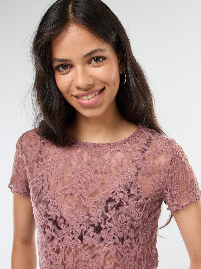 T-shirt en dentelle à manches courtes Marron - Kiabi