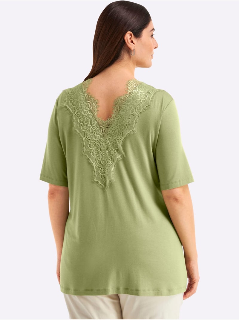 T-shirt En Dentelle Col V Devant Et Au Dos - Taille Standard - Sheego Bleu Vert Gris - Kiabi