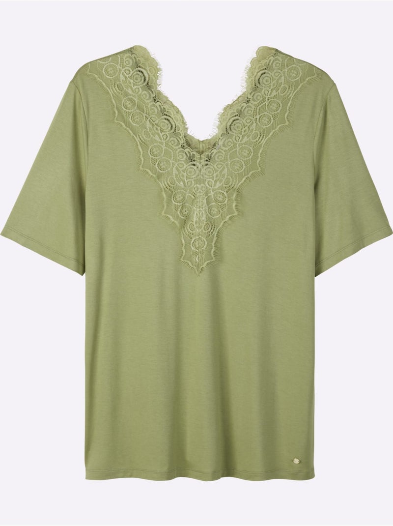 T-shirt En Dentelle Col V Devant Et Au Dos - Taille Standard - Sheego Bleu Vert Gris - Kiabi