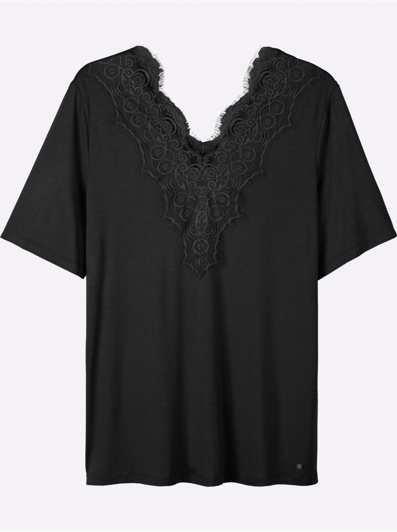 T-shirt En Dentelle Col V Devant Et Au Dos - Taille Standard - Sheego Noir - Kiabi