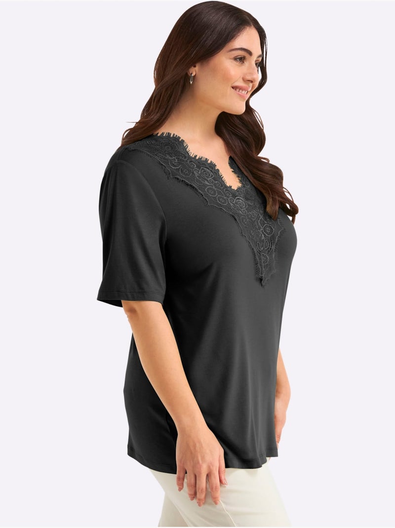 T-shirt En Dentelle Col V Devant Et Au Dos - Taille Standard - Sheego Noir - Kiabi