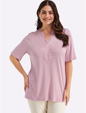 T-shirt En Dentelle Col V Devant Et Au Dos - Taille Standard - Sheego