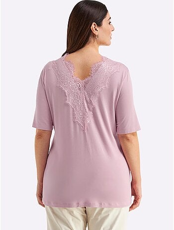 T-shirt En Dentelle Col V Devant Et Au Dos - Taille Standard - Sheego
