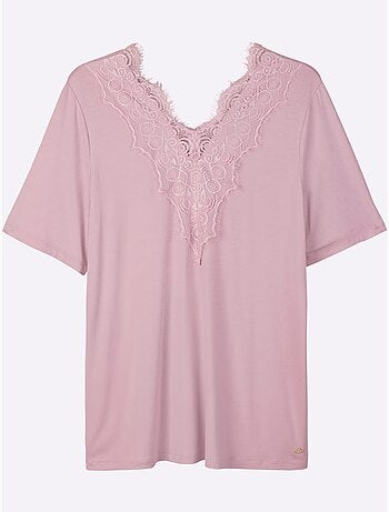T-shirt En Dentelle Col V Devant Et Au Dos - Taille Standard - Sheego