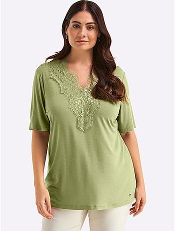 T-shirt En Dentelle Col V Devant Et Au Dos - Taille Standard - Sheego