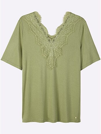 T-shirt En Dentelle Col V Devant Et Au Dos - Taille Standard - Sheego