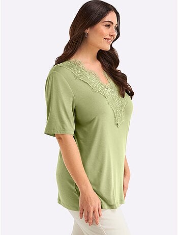 T-shirt En Dentelle Col V Devant Et Au Dos - Taille Standard - Sheego